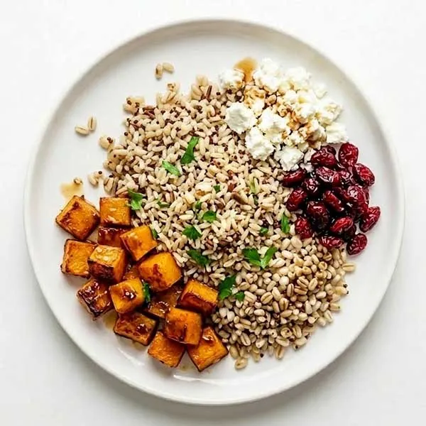 Roasted pumpkin, cranberry & feta grain  bowl